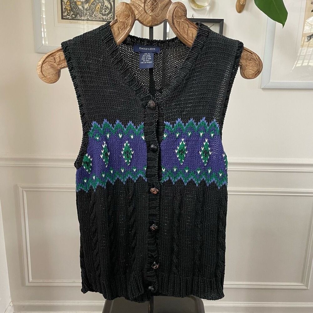Vintage Eagle’s Eye Fair Isle Cable Knit Button Sweater Vest M